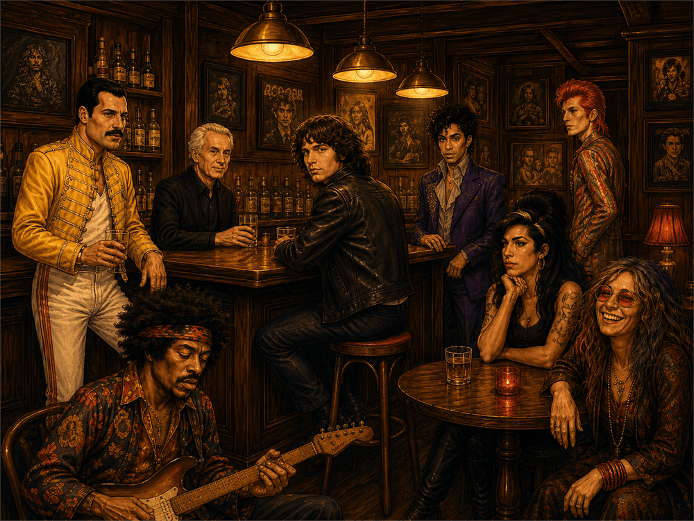 vinylcollectie rock legends hero sectie Vintage illustratie van een donkere muziekkroeg met legendarische rockartiesten rond de bar